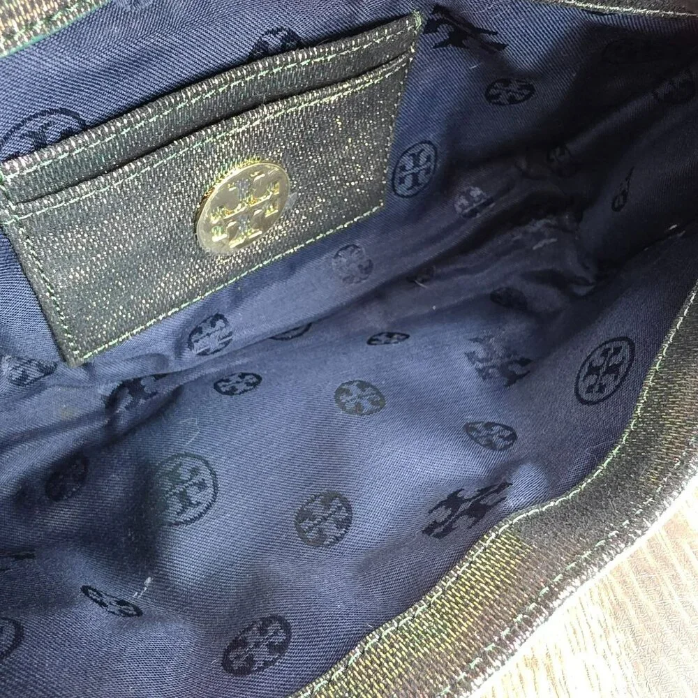 Tory Burch Austin Flap Clutch Bag Green Purple Iridescent Metallic Galaxy Cyber